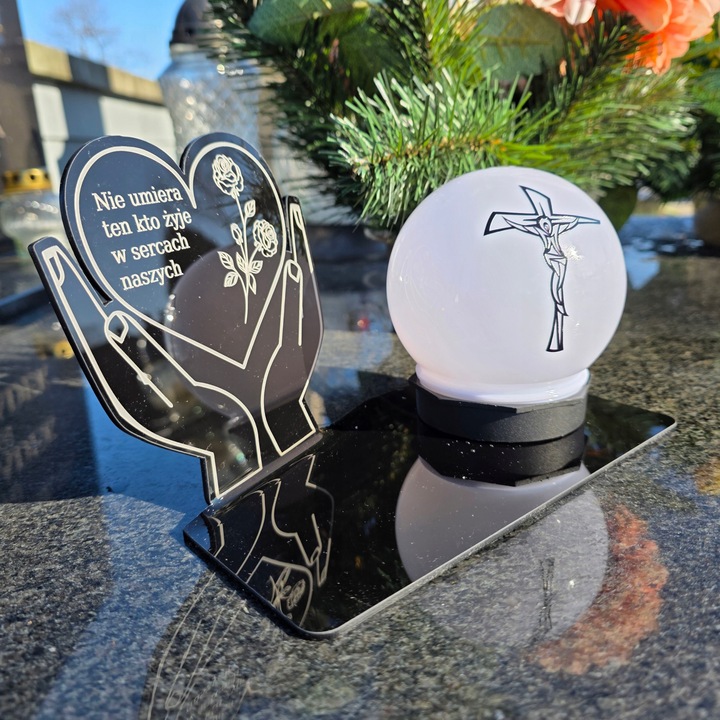 ZNICZ z Kulą Solarną na Grób STATUETKA LED NA CMENTARZ Wieczny Szkło Akryl