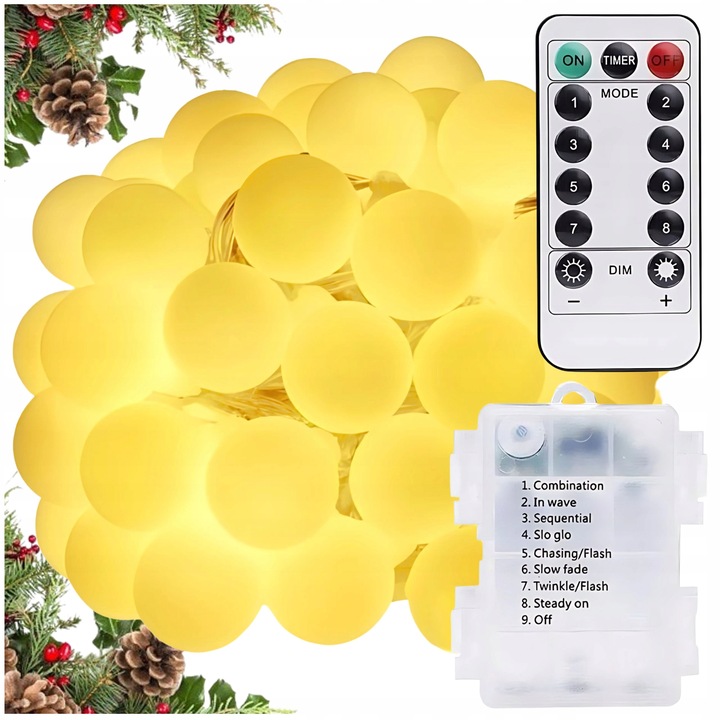 LAMPKI CHOINKOWE KULKI NA BATERIE PILOT 8 TRYBÓW CIEPŁY BIAŁY 120 LED 116