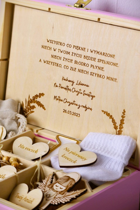 Pamiątka Chrztu Świętego Prezent na Chrzest Święty GOTOWE PUDEŁKO Różowe