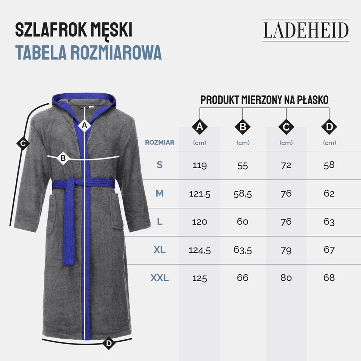 Szlafrok Męski z Kapturem Frotte 100% Bawełna Kieszenie L-101