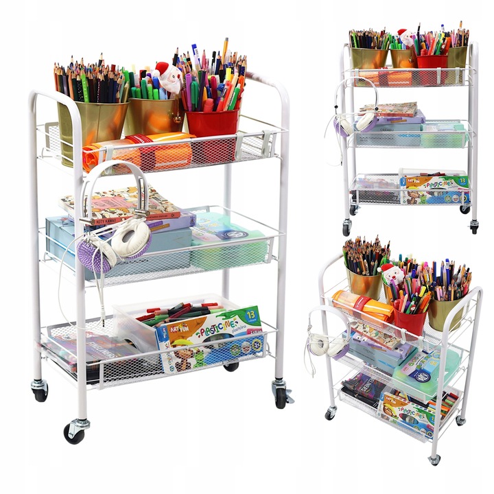 Metalowy wózek wielofunkcyjny 3-poziomowy z kółkami biały regał szafka