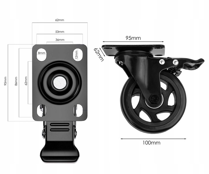 KÓŁKA OBROTOWE Z HAMULCEM 100 MM ZESTAW JEZDNY DO 500 KG DO MEBLI