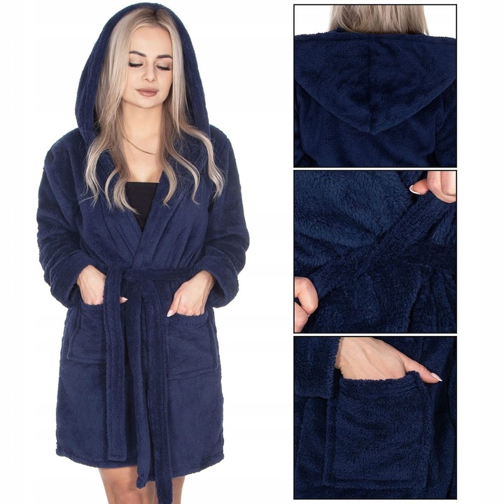 SZLAFROK DAMSKI CIEPŁY Z KAPTUREM R.S/M WIĄZANY W TALII GRUBY DŁUGI MIĘKKI