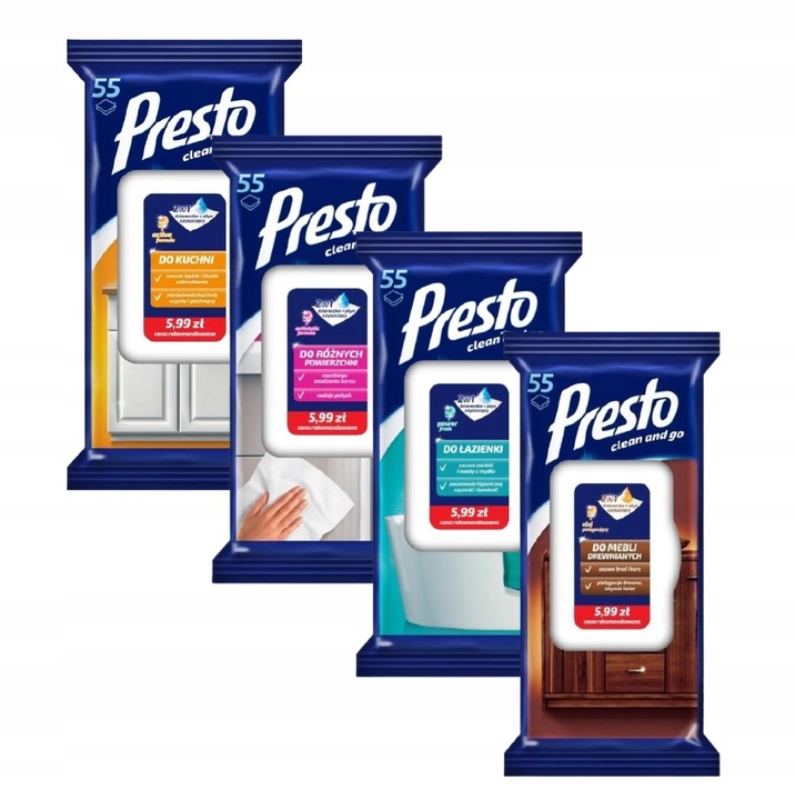 PRESTO ZESTAW MIX 4x Ściereczki chusteczki nawilżane mokre do domu 2w1
