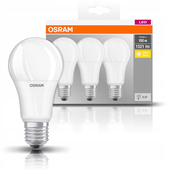 Żarówka LED E27 13W = 100W 1521lm 2700K ciepła BASE 3szt OSRAM