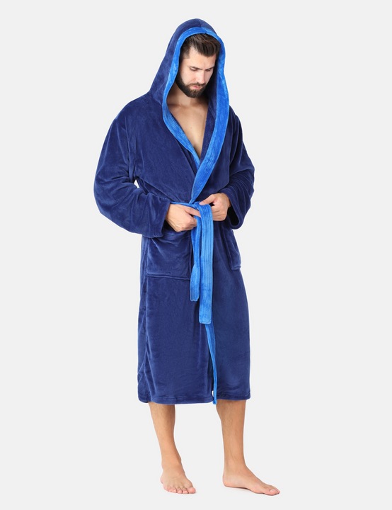 Szlafrok męski z kapturem ciepły miękki 2 kieszenie LA-221 Granatowy L