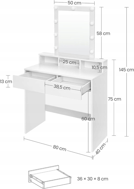 TOALETKA DO MAKIJAŻU WIZAŻU KOSMETYCZNA Z LUSTREM LED NOWOCZESNA LOFT