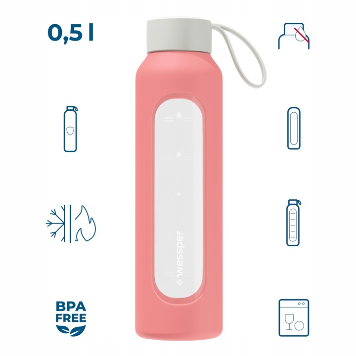Wessper B1 motwacyjna butelka szklana 500ml z miarką na fitness