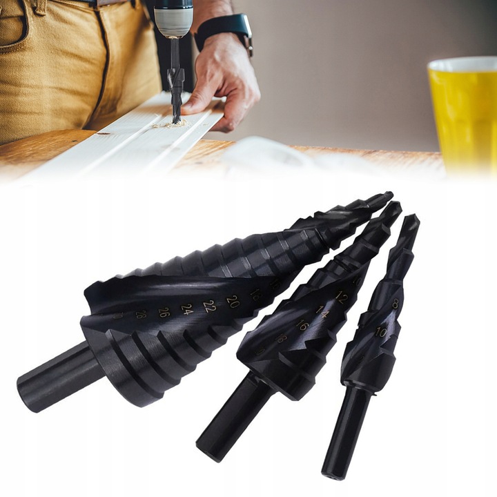 3x SPIRALNE Wiertło stożkowe stopniowe HSS do metalu drewna 4-32MM