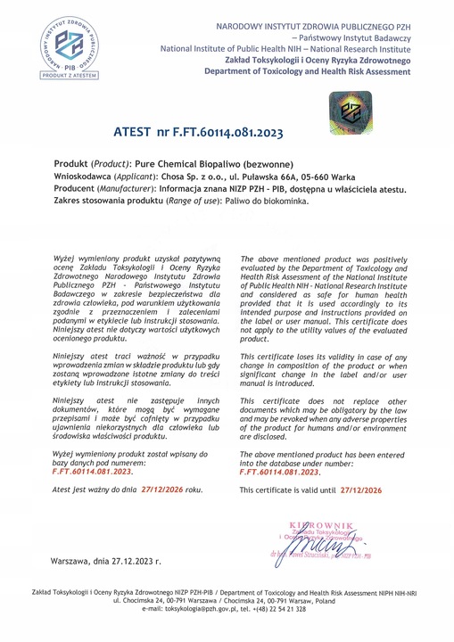 BIOPALIWO DO KOMINKA BIO PALIWO BIO ETANOL BEZ SADZY DYMU ATEST 20l