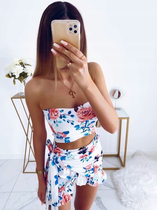 KOMPLET LETNI KOBIECY TOP SPÓDNICZKA MINI WZORY