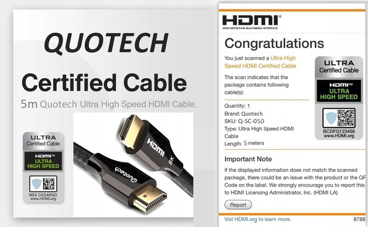 Kabel HDMI 2.1 8K Ultra High Speed QUOTECH 5m