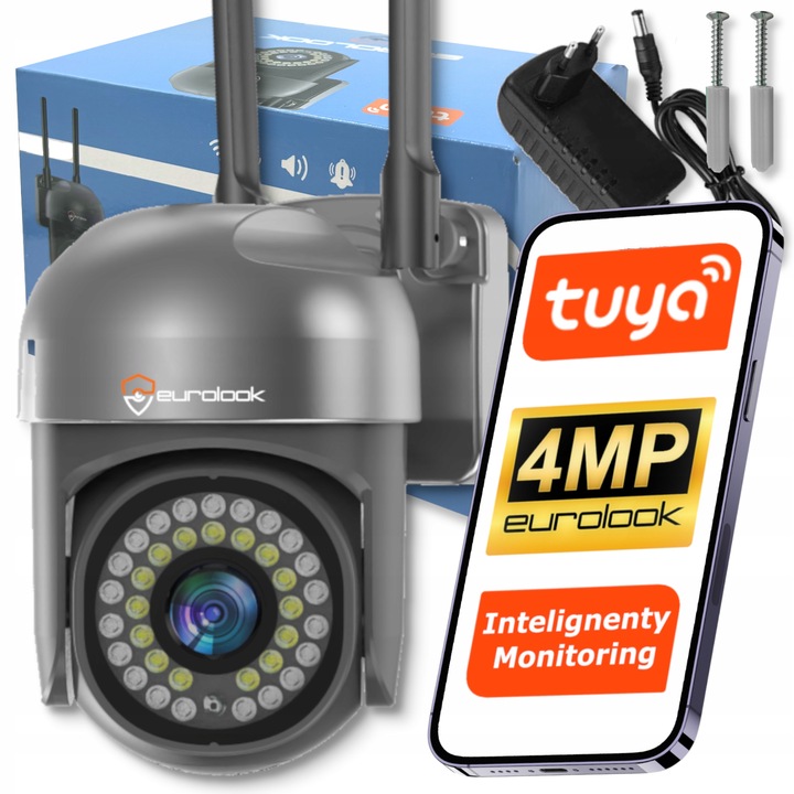 Zewnętrzna Kamera WiFi Obrotowa 4MPx Tuya SMART Bezprzewodowa SZARA CZARNA