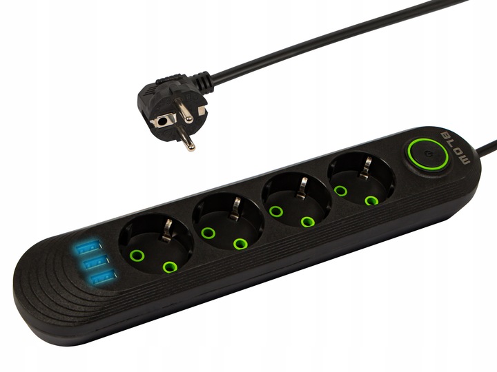 PRZEDŁUŻACZ LISTWA ZASILAJĄCA WŁĄCZNIK 3x USB 4 GNIAZDA 3m