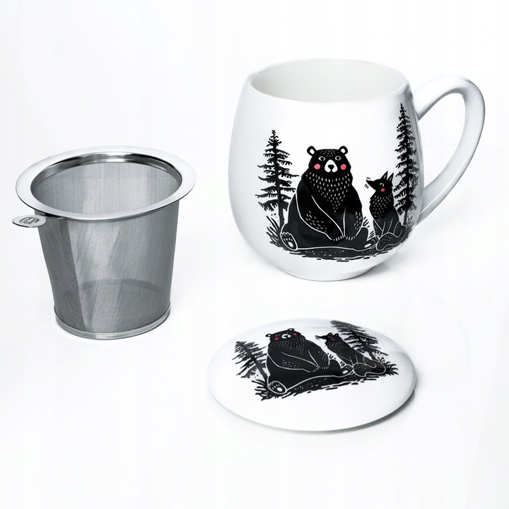 Idealny kubek porcelanowy z zaparzaczem oraz pokrywką miś i lis do naparu