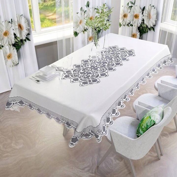 Elegancki obrus żakardowy biały zdobiony wzorzysty 130x180cm SERKAN