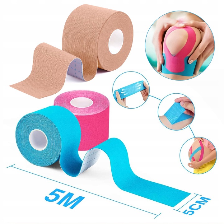 4x TAŚMA KINEZJOLOGICZNA TEJPY TAPE PLASTRY KINESIOTAPING WODOODPORNA 5M
