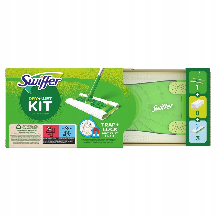 Swiffer Dry+Wet Kit Zestaw mop, 8 suchych i 3 mokre chusteczki do kurzu