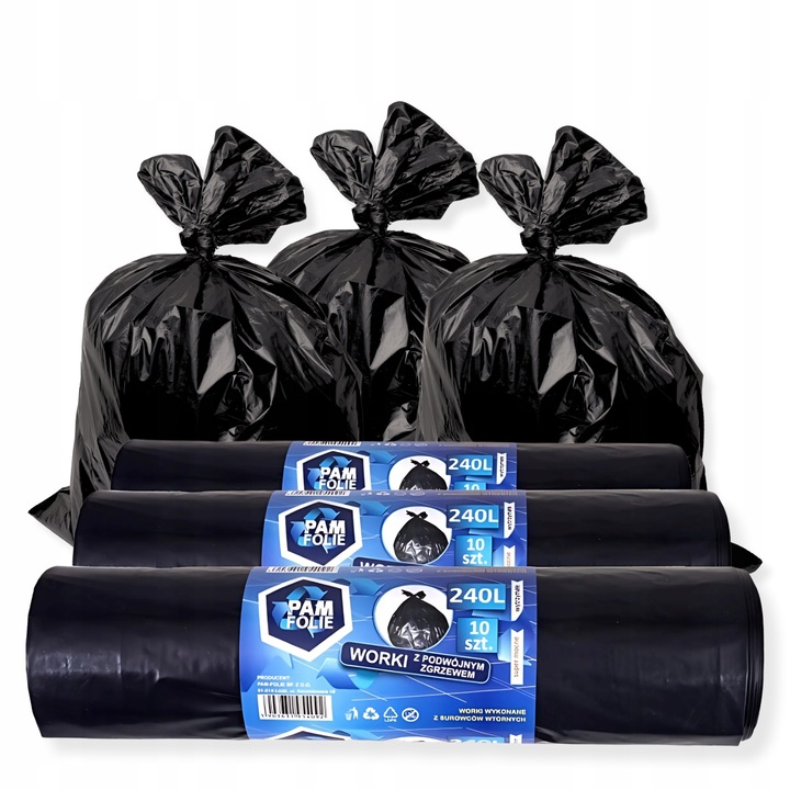 WORKI NA ŚMIECI BUDOWLANE 240L 30 szt Uniwersalne Duże Mocne Pam Folie