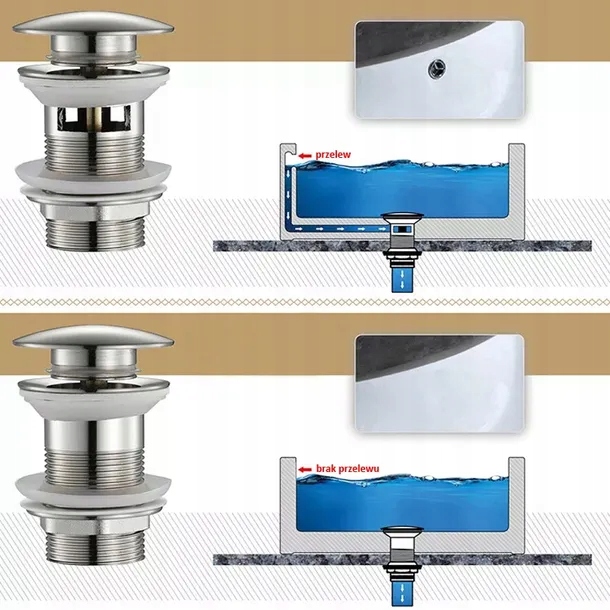 Korek do umywalki Złoty Automatyczny Umywalkowy Klik-Klak z Przelewem