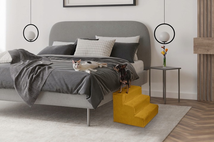 Schodki dla psa 3-stopnie tapicerowane żółte podest dla psa do kanapy