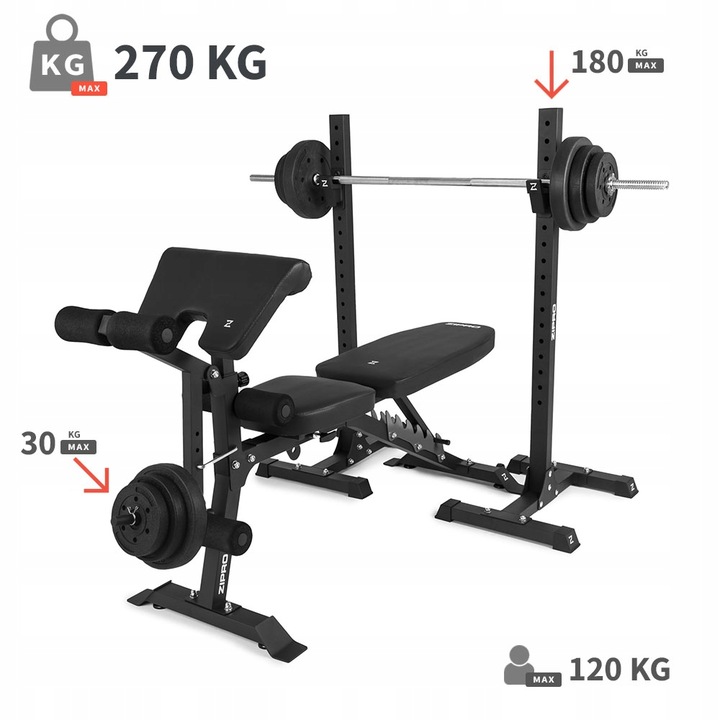 Ławka Treningowa Prosta Ławeczka do ćwiczeń + Stojaki Regulowane 2w1 Zipro