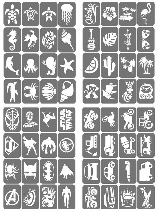 Szablony do tatuaży brokatowych, Tatuaże brokatowe - mix 50 sztuk