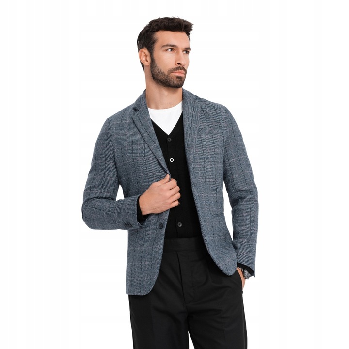 Żakardowa marynarka męska w delikatną kratę grafitowa V1 OM-BLZB-0119 L