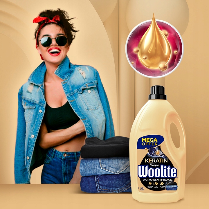 WOOLITE PŁYN DO PRANIA CZARNEGO CIEMNEGO DENIM Z KERATYNĄ 4.5L 75 PRAŃ