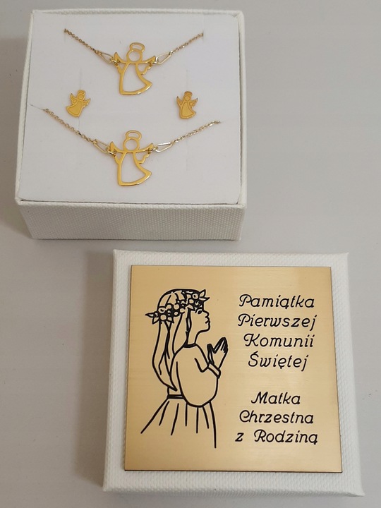 Złoty komplet ANIOŁEK ANIOŁ SREBRO KOMUNIA GRAWER