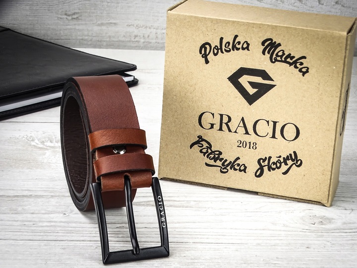 GRACIO meski skorzany PASEK brazowy KLAMRA czarna