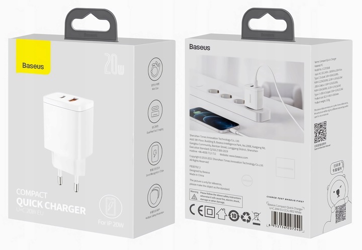 BASEUS SZYBKA ŁADOWARKA DO TELEFONU ZASILACZ 2x USB-C USB 20W PD QC 3.0