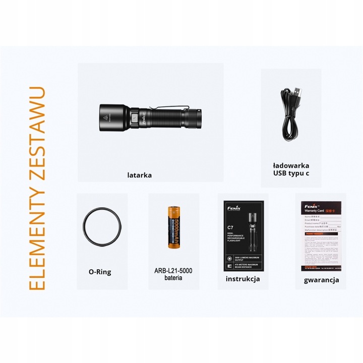 Latarka diodowa Fenix C7 3000lm 470m USB-C + Akumulator + Dodatki