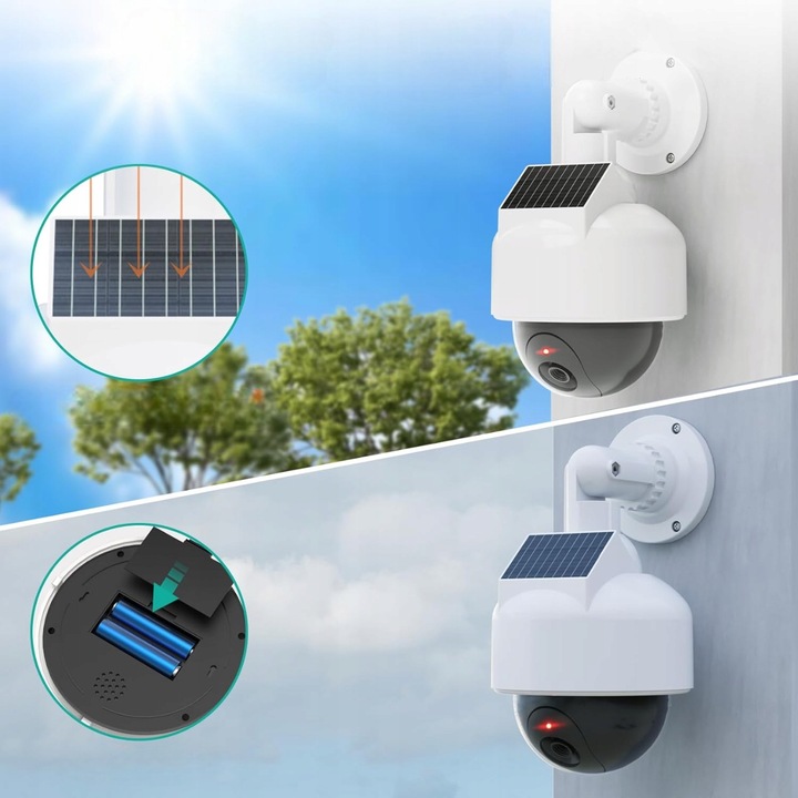 ATRAPA KAMERY KOPUŁKOWA OBROTOWA 360 MONITORING SOLARNA DIODA LED