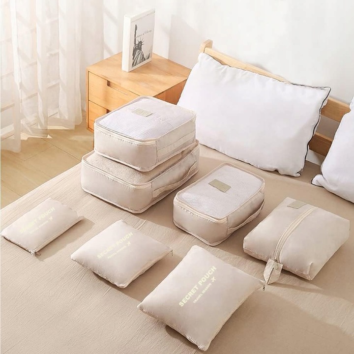 ORGANIZER DO WALIZKI PODRÓŻNY POJEMNY ZESTAW TORBY SZAFY PRANIE 7szt. Krem