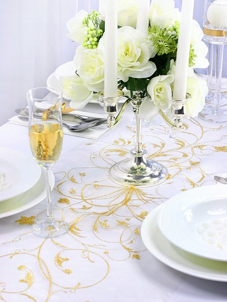 Organza Bieżnik Kremowa Złoty Wzór Dekoracja Stołu Komunia Chrzest Wesele