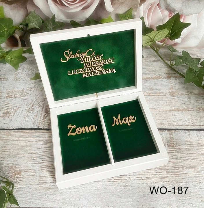 Pudełko na koperty + obrączki białe złote dekory