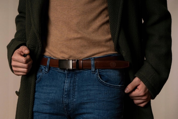 Pasek skórzany męski Betlewski brązowy klamra automat prezent + certyfikat