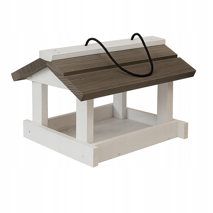 Karmnik dla ptaków drewniany domek budka z drewna biało szary Karma