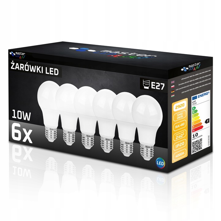 6x Żarówka LED E27 10W biały neutralny 4000K 800lm kula A60 PREMIUM