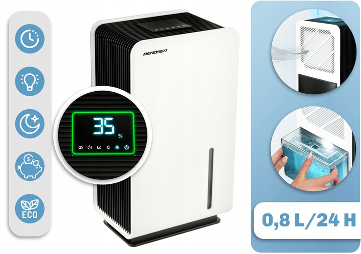 OSUSZACZ POWIETRZA POCHŁANIACZ WILGOCI 64W HEPA 34dB TIMER LED Berdsen