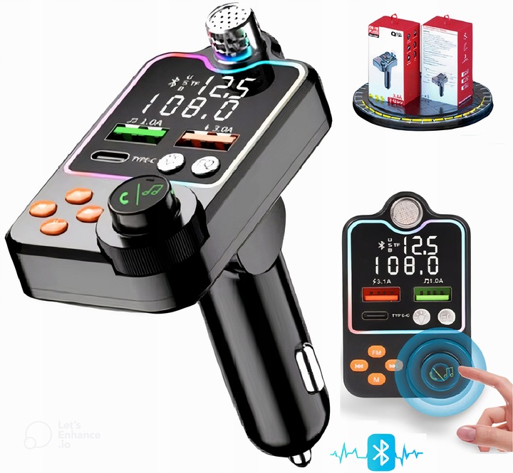 TRANSMITER FM ZESTAW GŁOŚNOMÓWIĄCY BT 5.0 ŁADOWANIE QC 3x USB PD RGB AUDIO