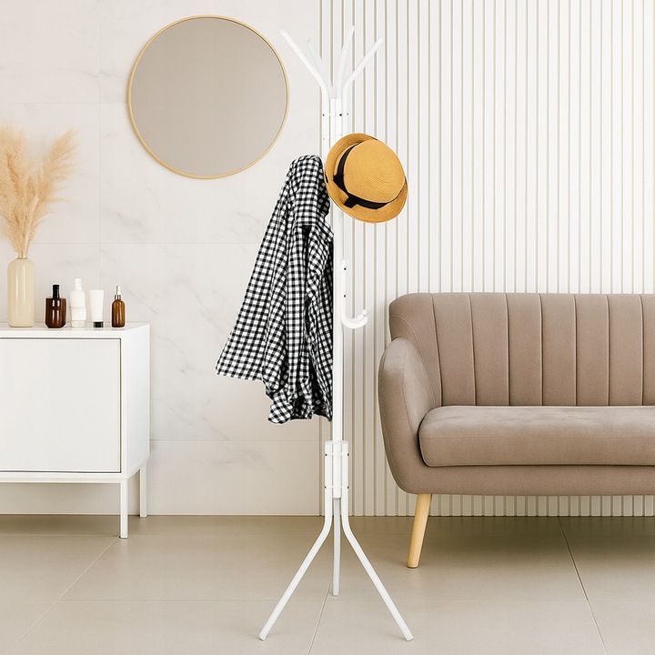 WIESZAK PODŁOGOWY STOJĄCY NA UBRANIA STOJAK METALOWY STABILNY BIALY