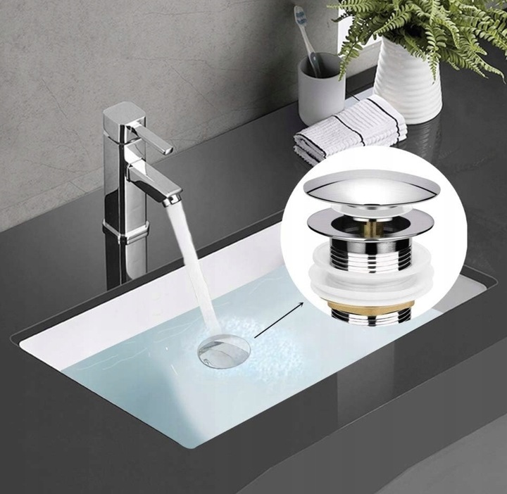 Korek Umywalkowy BEZ Przelewu Automatyczny "Klik Klak" Srebrny chrom połysk