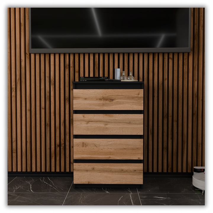 KOMODA Z SZUFLADAMI CZARNA DĄB WOTAN 60CM NOWOCZESN POJEMNA SZAFKA RTV