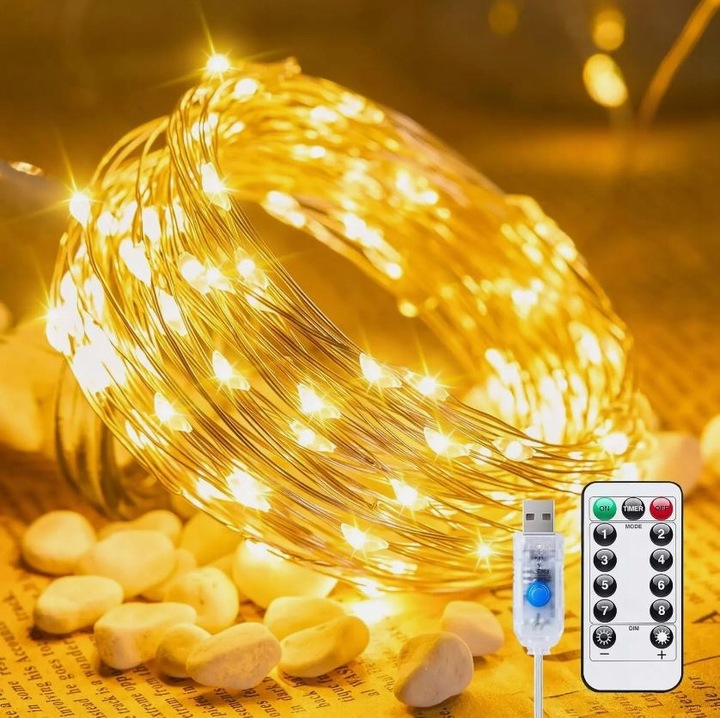 LAMPKI DRUCIKI 200 LED ŚWIATEŁKA CHOINKOWE 20M USB NA PILOTA BIAŁY CIEPŁY