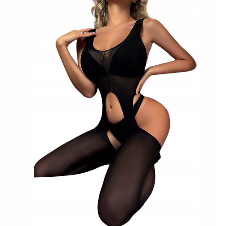 Bielizna Erotyczna Damska Czarna Uwodzicielska Bodystocking Otwarty Krok