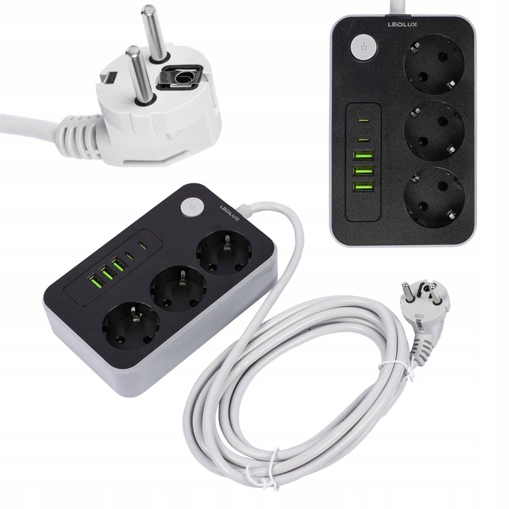 Przedłużacz Listwa zasilająca 3 metry 3 gniazda 5x ładowarka USB USB-C