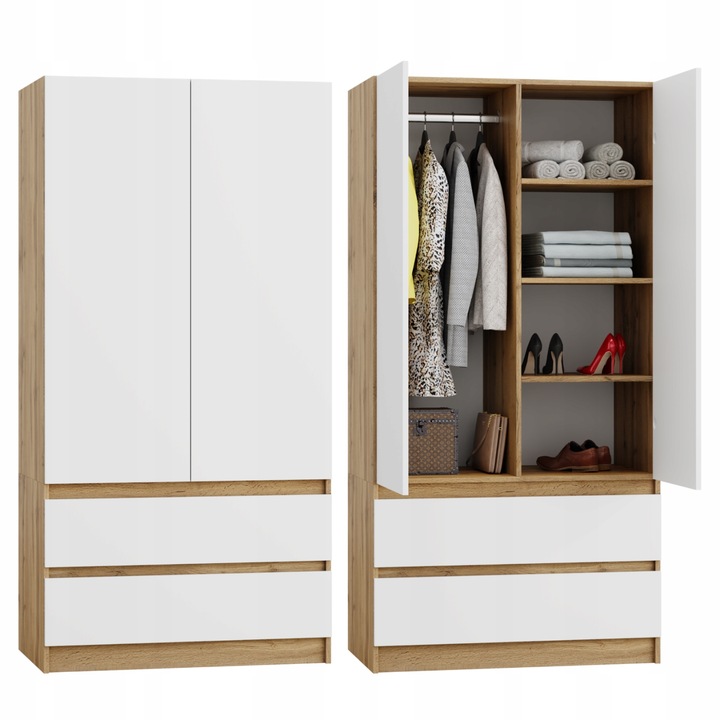 SZAFA DĄB WOTAN BIAŁA GARDEROBA DUŻA NA UBRANIA OTWIERANA 2 SZUFLADY