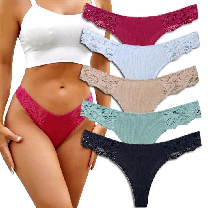 5x WYGODNE BAWEŁNIANE PRĄŻKOWANE STRINGI Z KORONKĄ S/M